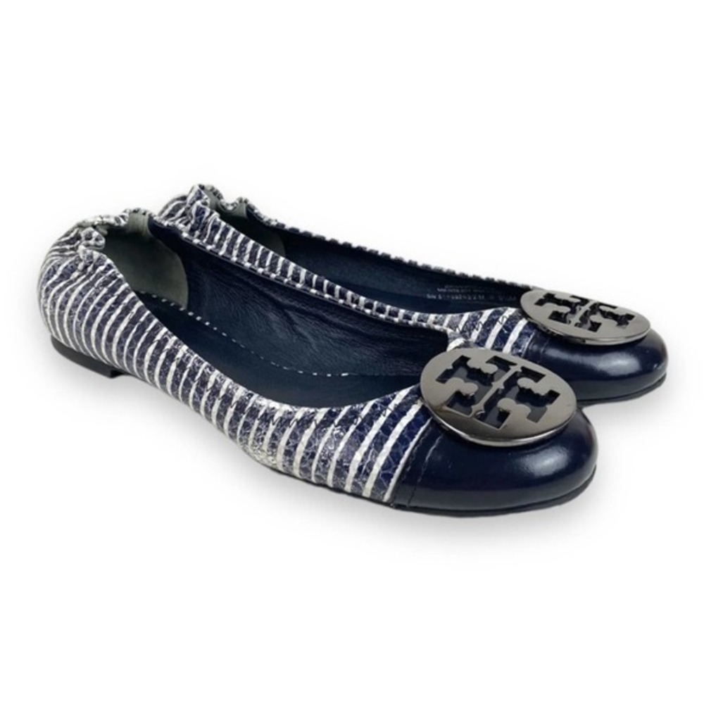 Tory Burch Serena Stripe Snake Skin Ballet Flats 7.5 Navy Blue White
